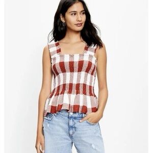 Ann Taylor LOFT Plaid Smocked Peplum Tank Top L